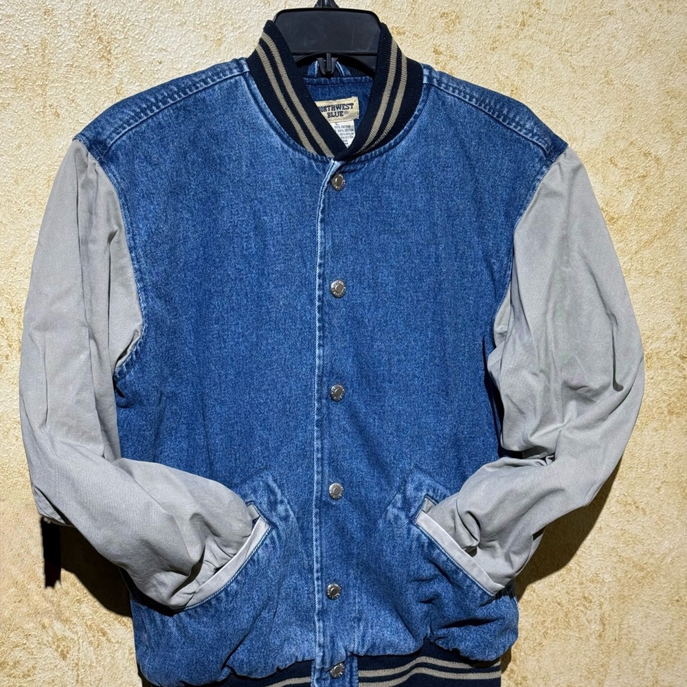 Vintage Denim Varsity Jacket with Gray Sleeves